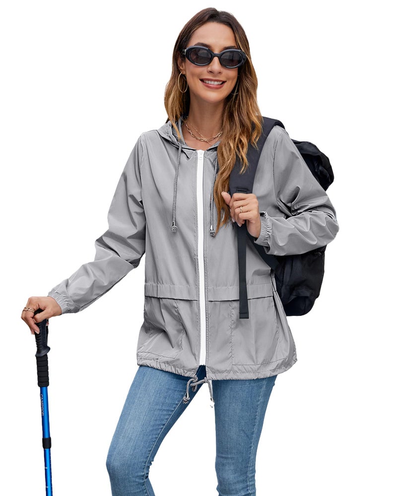 Hount Women's Lightweight Hooded Windbreaker Waterproof Packable Active Outdoor Rain Jacket (L, Gray) - Image 5